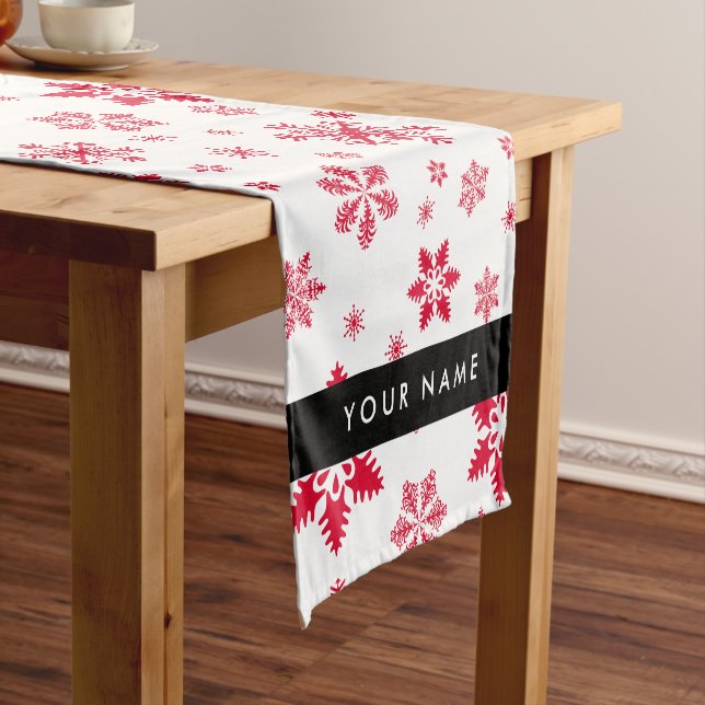 Red Snowflakes, Your name, Personalize Short Table Runner (In Situ)