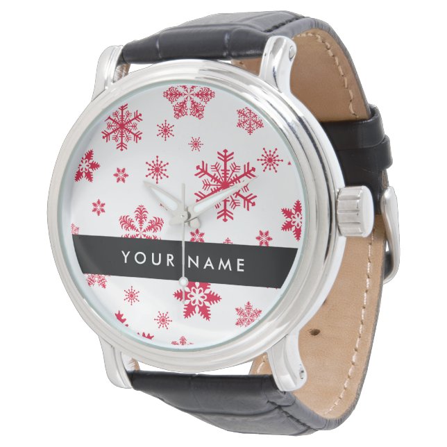 Red Snowflakes, Your name, Personalize Watch (Angled)