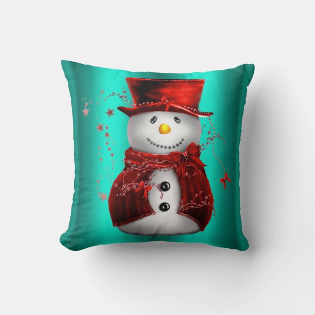 Red Snowman on Teal Christmas Throw Pillow (Front)