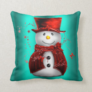 Red Snowman on Teal Christmas Throw Pillow