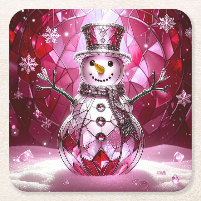 Red Snowman Snowflakes Holiday Paper Coaster (Front)