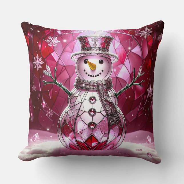 Red Snowman Snowflakes Holiday Throw Pillow (Front)