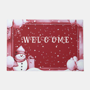Red Snowman Snowy Christmas Holiday Doormat
