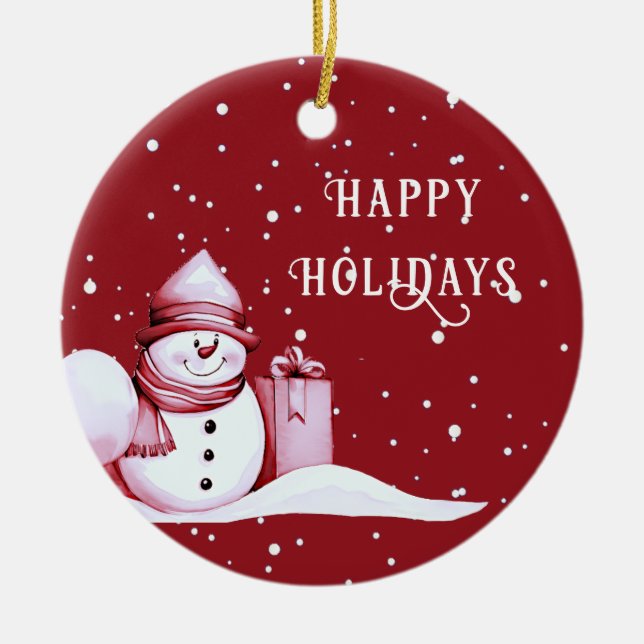 Red Snowman Snowy Christmas Holiday Ornament (Front)