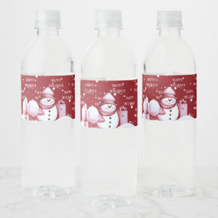 Red Snowman Snowy Christmas Holiday Water Bottle Label