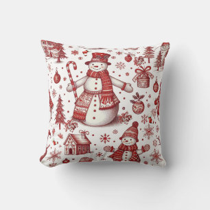 Red Snowman Toile Winter Pattern  Throw Pillow