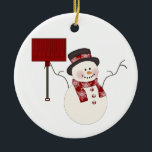 Red Snowman with Shovel Christmas Ornament<br><div class="desc">Enjoy this snowman ornament this Christmas. Check out my other ornaments in my store. You can add your own text on the back if you want like Happy Holiday or Merry Christmas or keep it simple. 
 
 Note: Artwork by Resaleclipart.com</div>