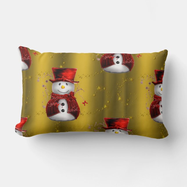 Red Snowmen on Gold Lumbar Pillow (Front)
