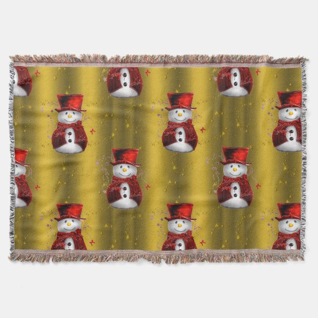 Red Snowmen on Gold Throw Blanket (Front)