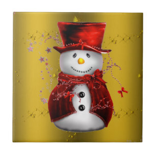Red Snowmen on Gold Tile