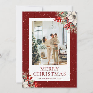Red Snowy Botanical Photo Christmas Card