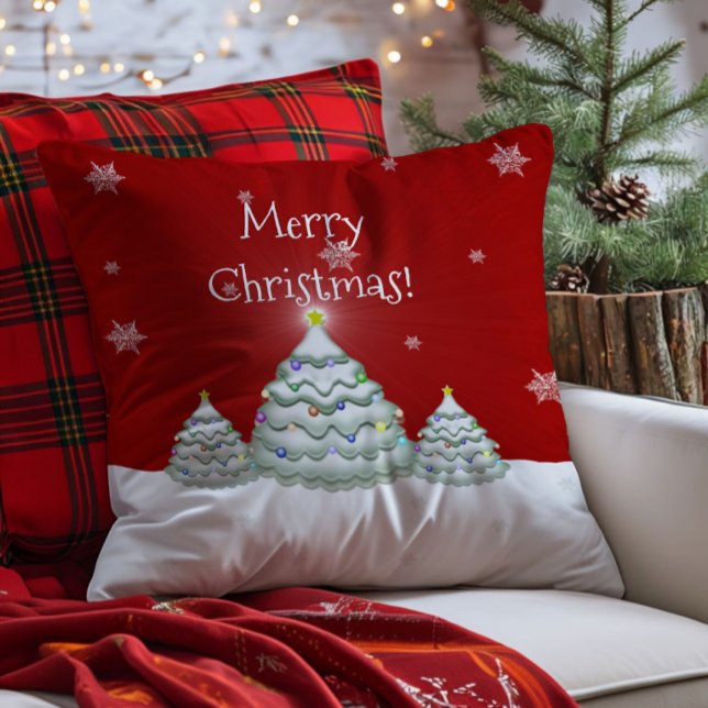 Red Snowy Christmas Tree Throw Pillow (Red Christmas Tree Throw Pillow)
