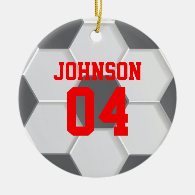 Red Soccer Ball Christmas Ceramic Ornament (Front)