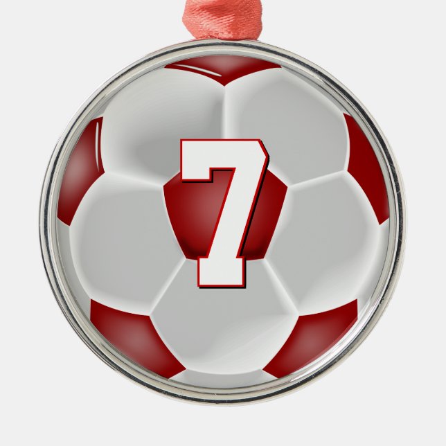 Red Soccer Player Custom Jersey Number Christmas Metal Ornament (Front)