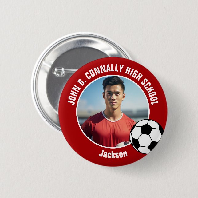 Red Soccer Player Photo High School Spirit 2 Inch Round Button (Front & Back)