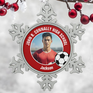 Red Soccer Player Photo High School Spirit Snowflake Pewter Christmas Ornament