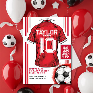 Red Soccer Sports Boy Jersey Kids Birthday Party Invitation
