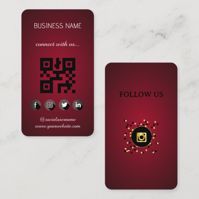 Red -Social Media QR Code Carte de visite (Devant / Derrière)