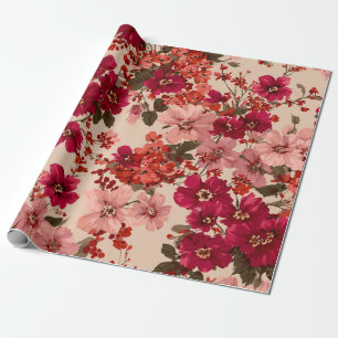 Red Soft Pink Ditsy Flower Pastel Boho 70s Vintage Wrapping Paper