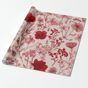 Red Soft Pink Ditsy Flower Pastel Boho 70s Vintage Wrapping Paper