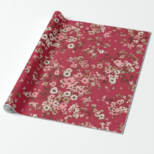 Red Soft Pink Ditsy Flower Pastel Boho 70s Vintage Wrapping Paper