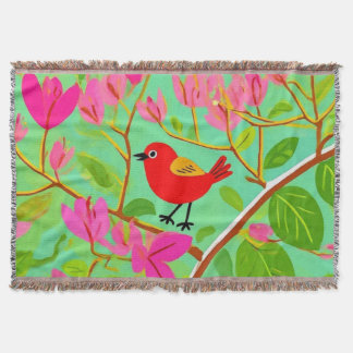 Red Songbird Perched on Flowering Branches Throw Blanket