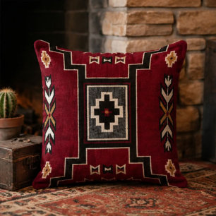 Red Southwestern Geometric Bold Black, Cream & Gol Throw Pillow
