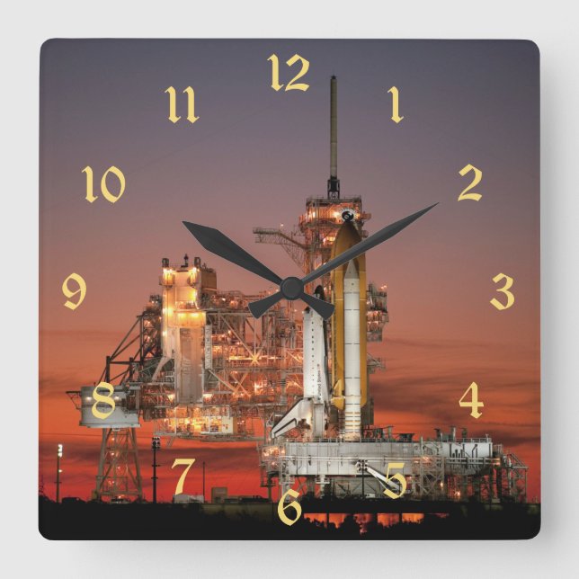 Red Space Shuttle Spaceship Atlantis on Launch Pad Square Wall Clock (Front)