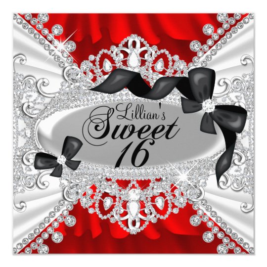 Red Sparkle Diamond & Bow Sweet 16 Invite