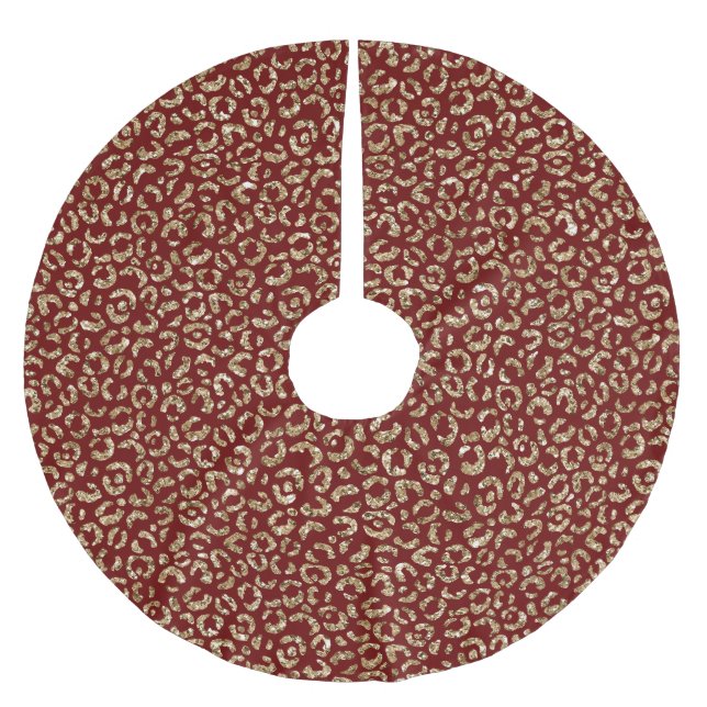 Red Sparkle Glitter Gold Leopard Print Brushed Polyester Tree Skirt (Front)