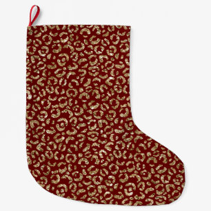 Red Sparkle Glitter Gold Leopard Print Large Christmas Stocking