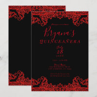 Red Sparkle Glitter Lace Black Quinceañera