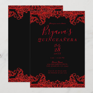 Red Sparkle Glitter Lace Black Quinceañera   Invitation