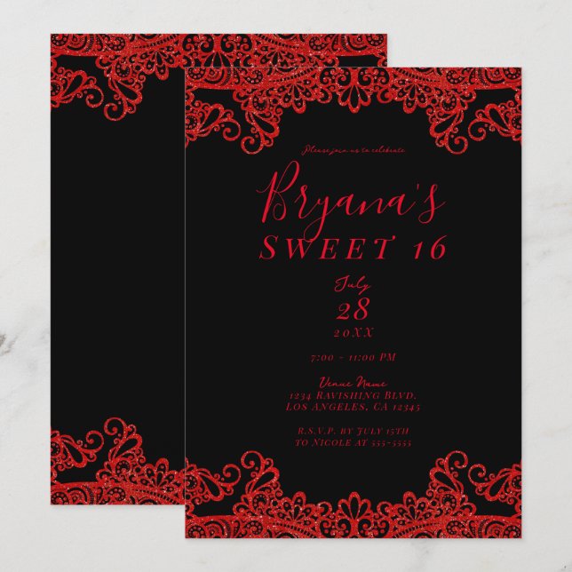 Red Sparkle Glitter Lace Black Sweet 16 Party Invitation (Front/Back)
