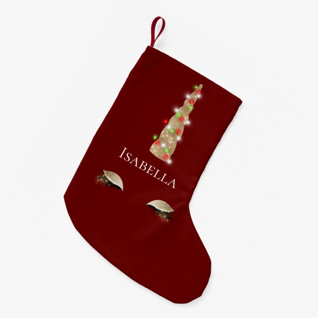 Red Sparkle Gold Glam Unicorn Lights Small Christmas Stocking (Front (Hanging))
