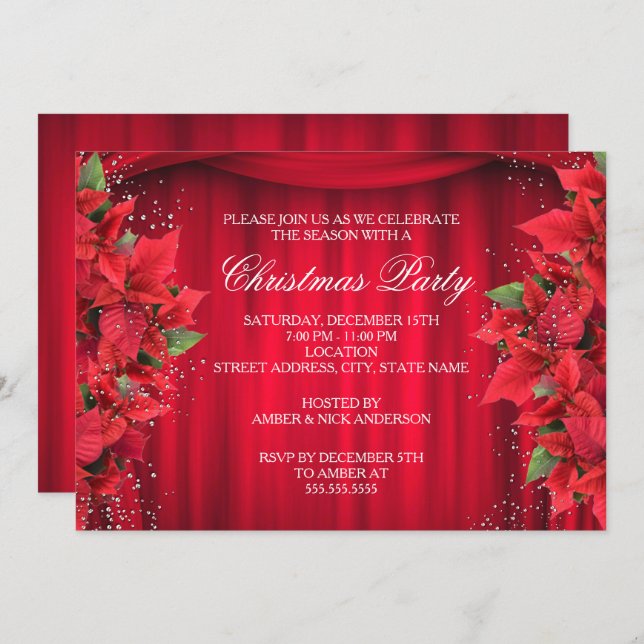 Red Sparkle Holly Floral Christmas Party Invite (Front/Back)