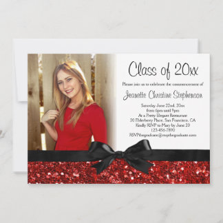 Red Sparkle-look Ribbon Bow Photo Graduation Invitation