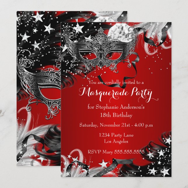 Red Sparkle Magical Night Masquerade Party Invite (Front/Back)