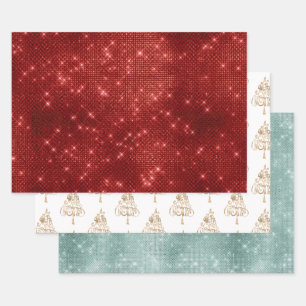 Red Sparkle Merry Christmas Tree Wrapping Paper Sheet