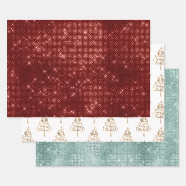 Red Sparkle Merry Christmas Tree Wrapping Paper Sheet (Set)