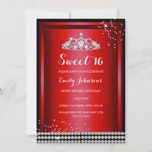 Red Sparkle Tiara Sweet 16 Anniversaire Invitation
