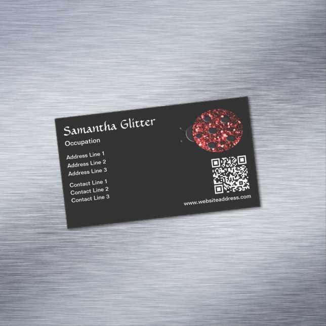 Red sparkles Ladybug QR code black Custom Magnetic Business Card (In Situ)