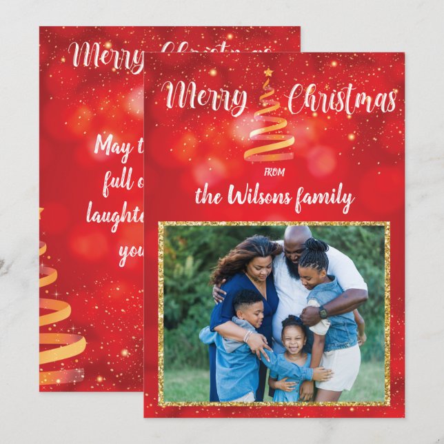 Red Sparkles Noël Famille Carte de voeux photo (Devant / Derrière)