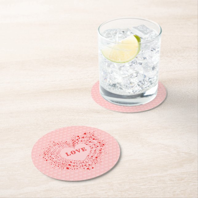 Red Sparkles Valentine Heart Text Love Round Paper Coaster (Insitu)