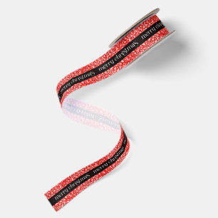 Red Sparkling Gemstones White Merry Christmas Text Satin Ribbon