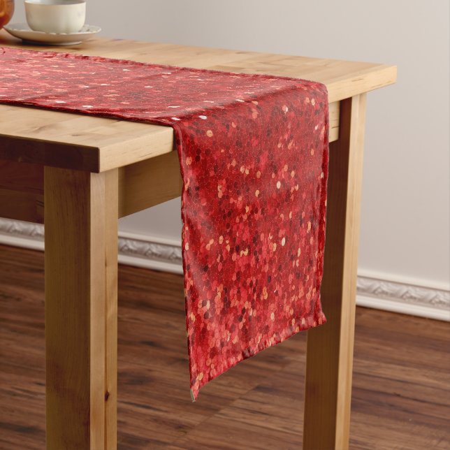 Red sparkling glitter pattern short table runner (In Situ)