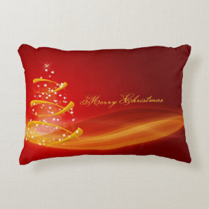 Red Sparkling Golden Christmas Tree Accent Pillow