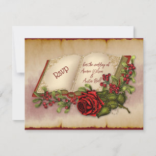 Red Sparkling Roses On Gold Colour Bible Pages RSVP Card