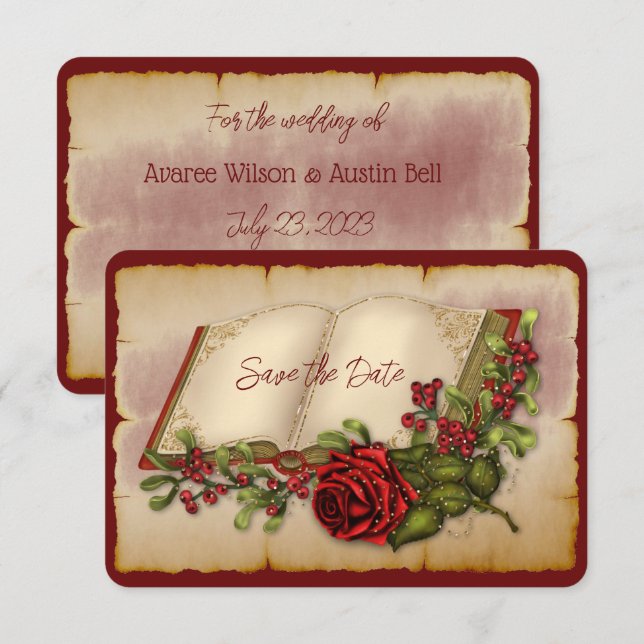 Red Sparkling Roses On Gold Colour Bible Pages  Save The Date (Front/Back)
