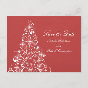 Red Sparkly Holiday Tree Enregistrer la date Carte